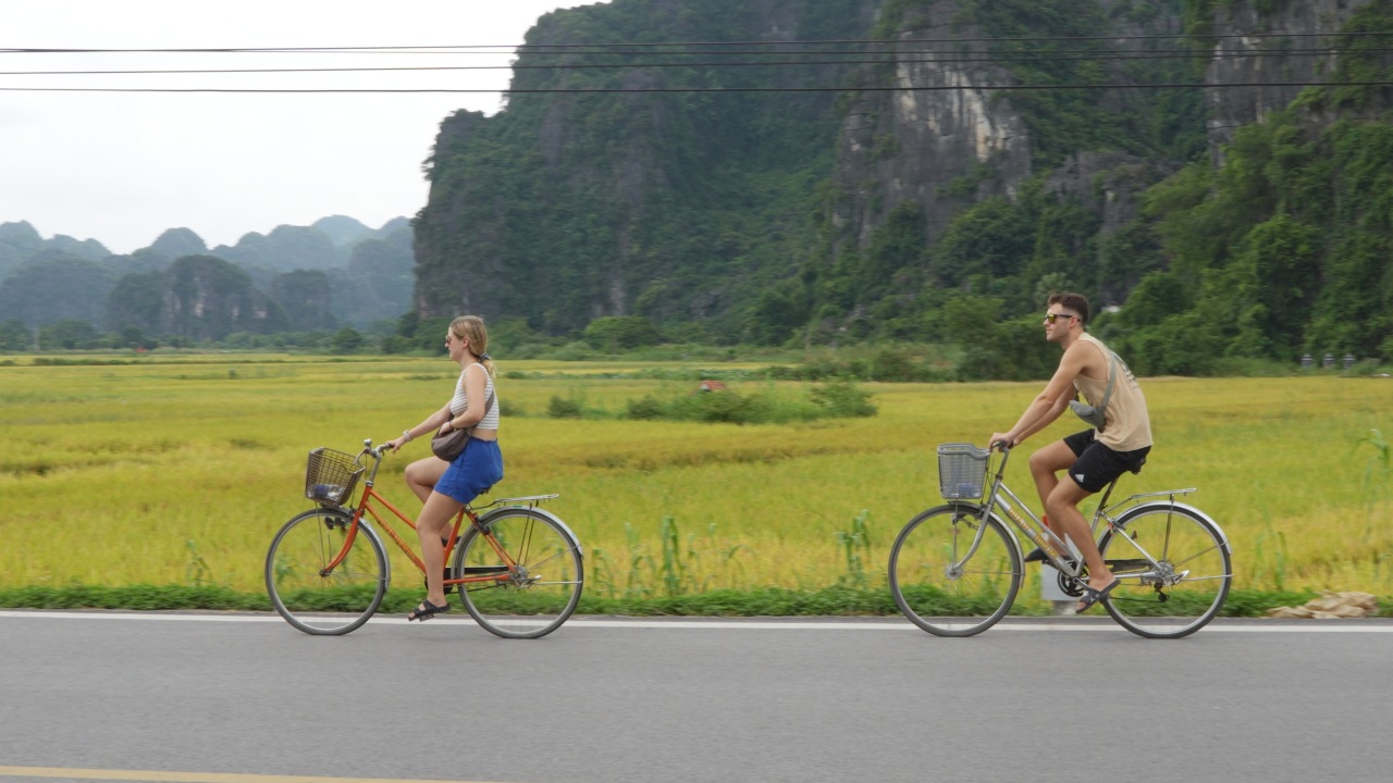 Cycling beside Ninh Binh rice fields and limestone mountains